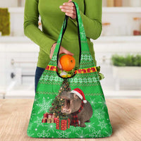 Mali Christmas Grocery Bag with Hippo Santa Hat Snowflakes and Holiday Gift - Wonder Print Shop