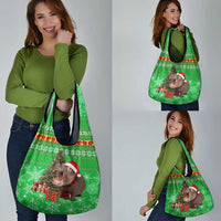 Mali Christmas Grocery Bag with Hippo Santa Hat Snowflakes and Holiday Gift - Wonder Print Shop