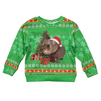 Mali Christmas Kid Ugly Christmas Sweater with Hippo Santa Hat Snowflakes and Holiday Gift - Wonder Print Shop