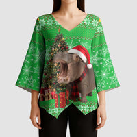 Mali Christmas Kimono Sleeve Blouse with Hippo Santa Hat Snowflakes and Holiday Gift - Wonder Print Shop
