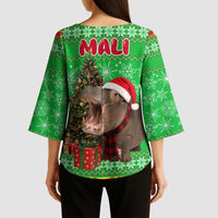 Mali Christmas Kimono Sleeve Blouse with Hippo Santa Hat Snowflakes and Holiday Gift - Wonder Print Shop