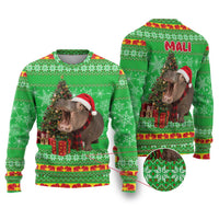 Mali Christmas Ugly Christmas Sweater with Hippo Santa Hat Snowflakes and Holiday Gift - Wonder Print Shop