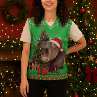 Mali Christmas Knitted V-Neck Vest with Hippo Santa Hat Snowflakes and Holiday Gift - Wonder Print Shop