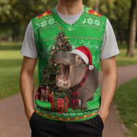 Mali Christmas Knitted V-Neck Vest with Hippo Santa Hat Snowflakes and Holiday Gift - Wonder Print Shop