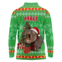 Mali Christmas Long Sleeve Polo Shirt with Hippo Santa Hat Snowflakes and Holiday Gift - Wonder Print Shop