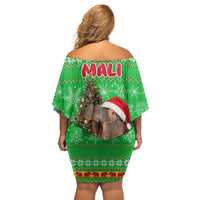 Mali Christmas Off Shoulder Short Dress with Hippo Santa Hat Snowflakes and Holiday Gift - Wonder Print Shop