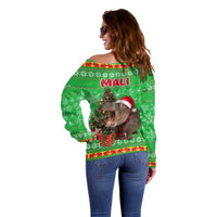 Mali Christmas Off Shoulder Sweater with Hippo Santa Hat Snowflakes and Holiday Gift - Wonder Print Shop