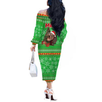 Mali Christmas Off The Shoulder Long Sleeve Dress with Hippo Santa Hat Snowflakes and Holiday Gift - Wonder Print Shop