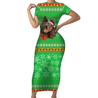 Mali Christmas Short Sleeve Bodycon Dress with Hippo Santa Hat Snowflakes and Holiday Gift - Wonder Print Shop