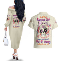 I Am A Sweet Girl Skull Couples Matching Off The Shoulder Long Sleeve Dress and Hawaiian Shirt - Wonder Print Shop