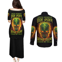 Your Demons Hide Under Your Bed Couples Matching Puletasi Dress and Long Sleeve Button Shirt - Wonder Print Shop