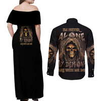 I'm Never Alone Skull Reaper Couples Matching Off Shoulder Maxi Dress and Long Sleeve Button Shirt - Wonder Print Shop