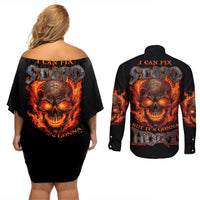 I Can Fix Stupid But It's Gonna Hurt Couples Matching Off Shoulder Short Dress and Long Sleeve Button Shirt - Wonder Print Shop