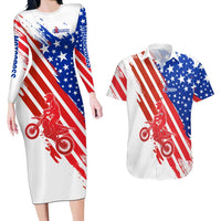 Custom Patriotic Motocross Couples Matching Long Sleeve Bodycon Dress and Hawaiian Shirt with American Flag - Wonder Print Shop