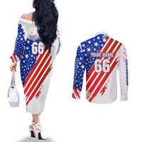 Custom Patriotic Motocross Couples Matching Off The Shoulder Long Sleeve Dress and Long Sleeve Button Shirt with American Flag - Wonder Print Shop