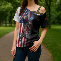 Custom Patriotic Eagle Motocross Cross Shoulder Shirt with American Flag and Rider Design - Wonder Print Shop