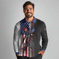 Custom Patriotic Eagle Motocross Long Sleeve Polo Shirt with American Flag and Rider Design - Wonder Print Shop
