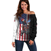Custom Patriotic Eagle Motocross Off Shoulder Sweater with American Flag and Rider Design - Wonder Print Shop