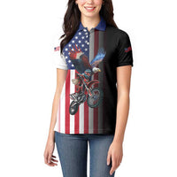 Custom Patriotic Eagle Motocross Women Polo Shirt with American Flag and Rider Design - Wonder Print Shop