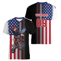 Custom Patriotic Eagle Motocross Women V-Neck T-Shirt with American Flag and Rider Design - Wonder Print Shop