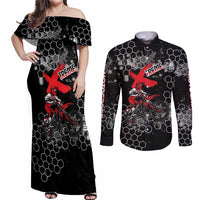 Custom Motocross Dirt Bike Couples Matching Off Shoulder Maxi Dress and Long Sleeve Button Shirt with Red Rider and Honeycomb Grunge Design - Wonder Print Shop