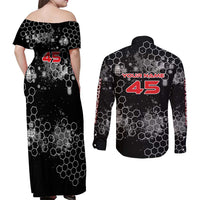 Custom Motocross Dirt Bike Couples Matching Off Shoulder Maxi Dress and Long Sleeve Button Shirt with Red Rider and Honeycomb Grunge Design - Wonder Print Shop