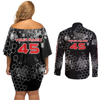 Custom Motocross Dirt Bike Couples Matching Off Shoulder Short Dress and Long Sleeve Button Shirt with Red Rider and Honeycomb Grunge Design - Wonder Print Shop