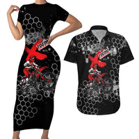 Custom Motocross Dirt Bike Couples Matching Short Sleeve Bodycon Dress and Hawaiian Shirt with Red Rider and Honeycomb Grunge Design - Wonder Print Shop