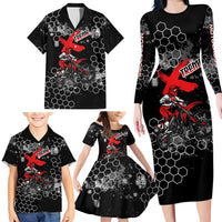 Custom Motocross Dirt Bike Family Matching Long Sleeve Bodycon Dress and Hawaiian Shirt with Red Rider and Honeycomb Grunge Design - Wonder Print Shop