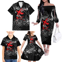 Custom Motocross Dirt Bike Family Matching Off The Shoulder Long Sleeve Dress and Hawaiian Shirt with Red Rider and Honeycomb Grunge Design - Wonder Print Shop