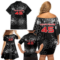 Custom Motocross Dirt Bike Family Matching Off Shoulder Short Dress and Hawaiian Shirt with Red Rider and Honeycomb Grunge Design - Wonder Print Shop