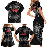 Custom Motocross Dirt Bike Family Matching Short Sleeve Bodycon Dress and Hawaiian Shirt with Red Rider and Honeycomb Grunge Design - Wonder Print Shop