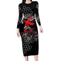 Custom Motocross Dirt Bike Long Sleeve Bodycon Dress with Red Rider and Honeycomb Grunge Design - Wonder Print Shop