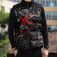 Custom Motocross Dirt Bike Sleeveless Puffer Jacket with Red Rider and Honeycomb Grunge Design - Wonder Print Shop