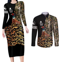 Custom Pheasant Hunting Couples Matching Long Sleeve Bodycon Dress and Long Sleeve Button Shirt with Woodland Forest Scene and Autumn Foliage Pattern - Wonder Print Shop