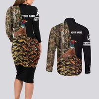 Custom Pheasant Hunting Couples Matching Long Sleeve Bodycon Dress and Long Sleeve Button Shirt with Woodland Forest Scene and Autumn Foliage Pattern - Wonder Print Shop