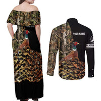 Custom Pheasant Hunting Couples Matching Off Shoulder Maxi Dress and Long Sleeve Button Shirt with Woodland Forest Scene and Autumn Foliage Pattern - Wonder Print Shop