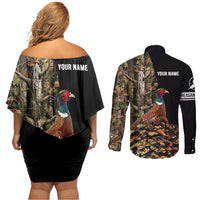 Custom Pheasant Hunting Couples Matching Off Shoulder Short Dress and Long Sleeve Button Shirt with Woodland Forest Scene and Autumn Foliage Pattern - Wonder Print Shop