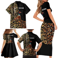 Custom Pheasant Hunting Family Matching Short Sleeve Bodycon Dress and Hawaiian Shirt with Woodland Forest Scene and Autumn Foliage Pattern - Wonder Print Shop