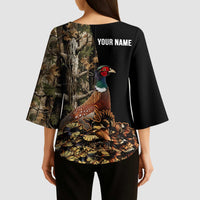 Custom Pheasant Hunting Kimono Sleeve Blouse with Woodland Forest Scene and Autumn Foliage Pattern - Wonder Print Shop