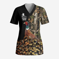 Custom Pheasant Hunting Scrub Top with Woodland Forest Scene and Autumn Foliage Pattern - Wonder Print Shop