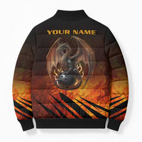 Custom Fiery Dragon Bowling Bomber Puffer Jacket with Flaming Ball and Hexagon Flame Pattern - Wonder Print Shop