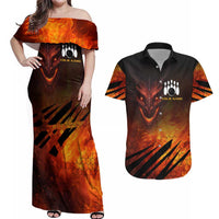 Custom Fiery Dragon Bowling Couples Matching Off Shoulder Maxi Dress and Hawaiian Shirt with Flaming Ball and Hexagon Flame Pattern - Wonder Print Shop