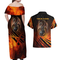 Custom Fiery Dragon Bowling Couples Matching Off Shoulder Maxi Dress and Hawaiian Shirt with Flaming Ball and Hexagon Flame Pattern - Wonder Print Shop