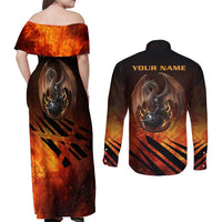 Custom Fiery Dragon Bowling Couples Matching Off Shoulder Maxi Dress and Long Sleeve Button Shirt with Flaming Ball and Hexagon Flame Pattern - Wonder Print Shop