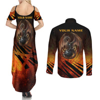Custom Fiery Dragon Bowling Couples Matching Summer Maxi Dress and Long Sleeve Button Shirt with Flaming Ball and Hexagon Flame Pattern - Wonder Print Shop