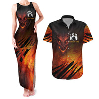 Custom Fiery Dragon Bowling Couples Matching Tank Maxi Dress and Hawaiian Shirt with Flaming Ball and Hexagon Flame Pattern - Wonder Print Shop