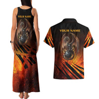 Custom Fiery Dragon Bowling Couples Matching Tank Maxi Dress and Hawaiian Shirt with Flaming Ball and Hexagon Flame Pattern - Wonder Print Shop