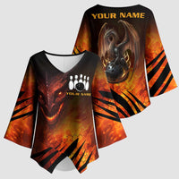 Custom Fiery Dragon Bowling Kimono Sleeve Blouse with Flaming Ball and Hexagon Flame Pattern - Wonder Print Shop