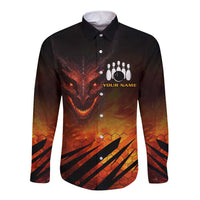 Custom Fiery Dragon Bowling Long Sleeve Button Shirt with Flaming Ball and Hexagon Flame Pattern - Wonder Print Shop